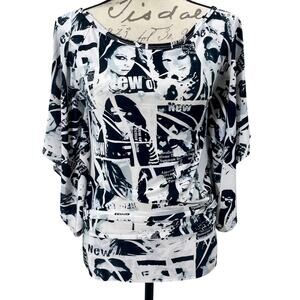 Vintage Y2K Gold Flava Slinky Newspaper Print Batwing Top Black White Size Small